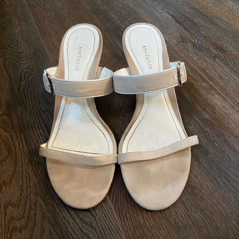 Ann Taylor tan and cream suede wedges